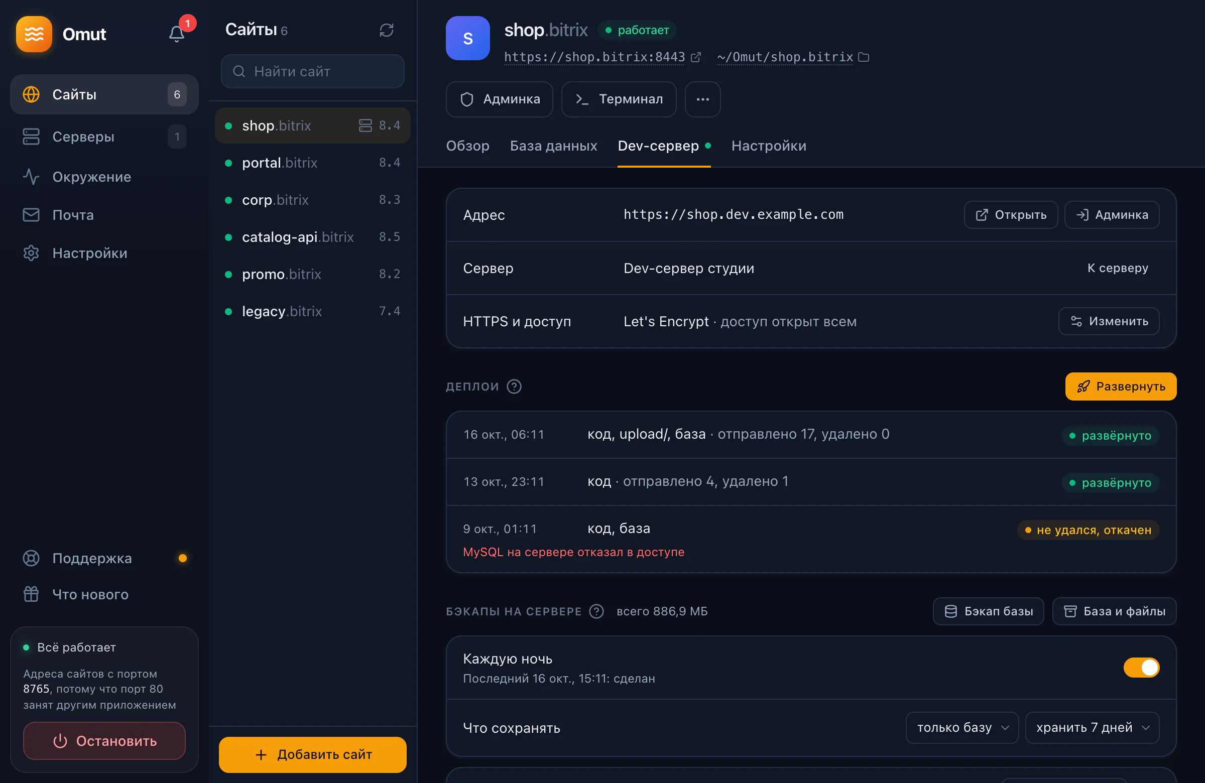 Вкладка «Dev-сервер»: копия сайта на сервере с доменом и HTTPS, история деплоев и бэкапы dev